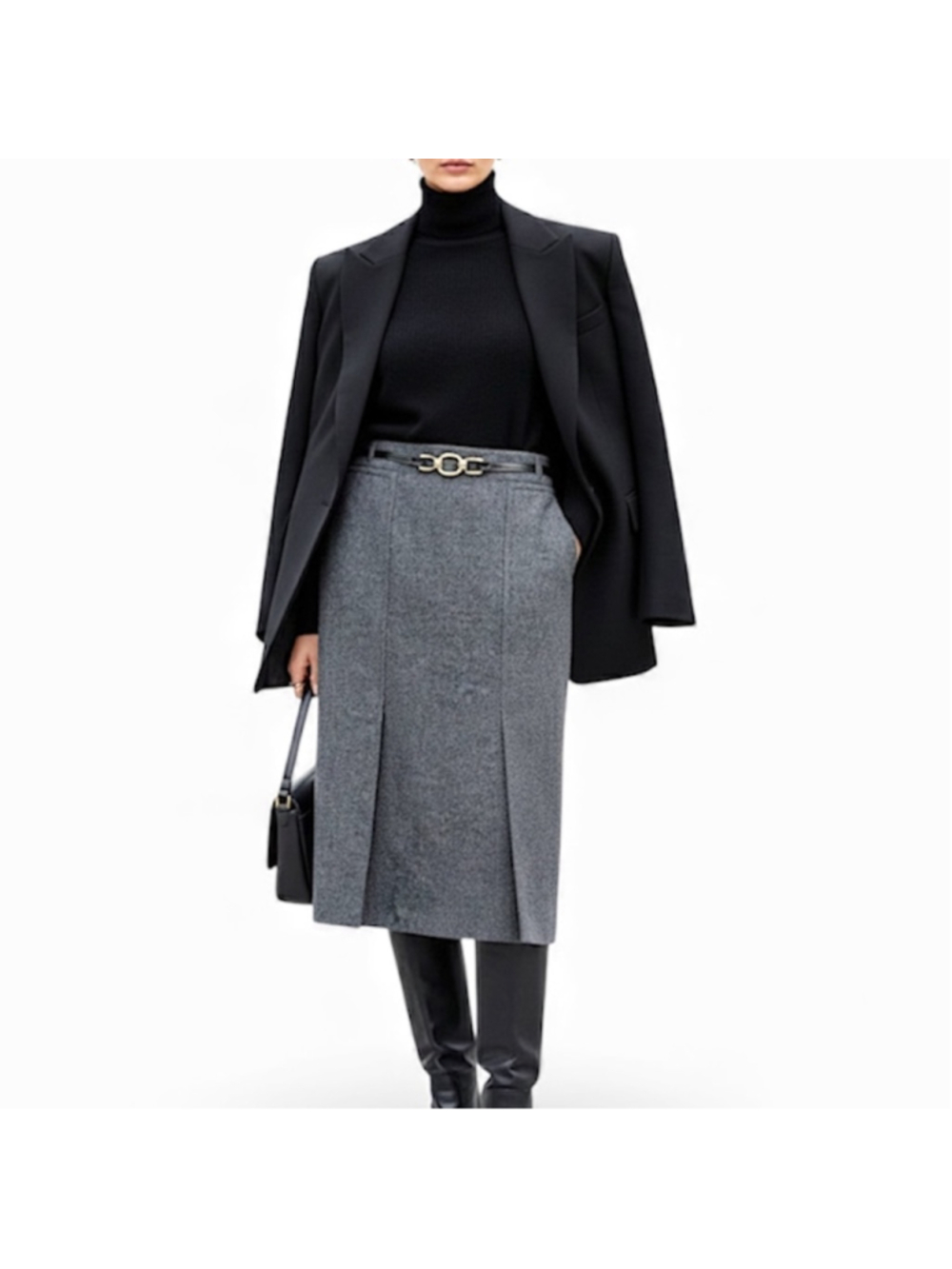 Celine pure wool vintage 70s 80s grey box pleated horse bit belted midi skirt 46
